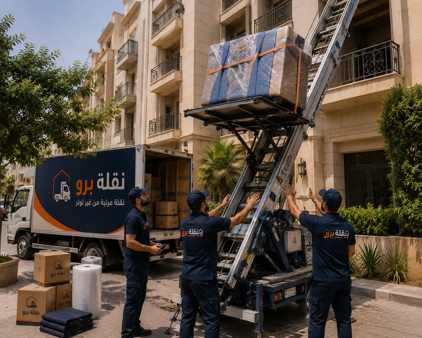 ونش يرفع قطعة أثاث لدور عالٍ أمام عمارة سكنية